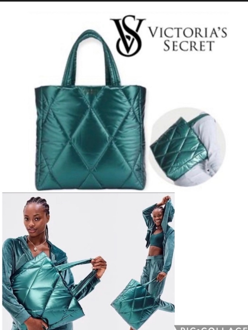 🔥Victoria’s Secret Teal Metallic Puffer Tote Weekender Bag Price Firm!